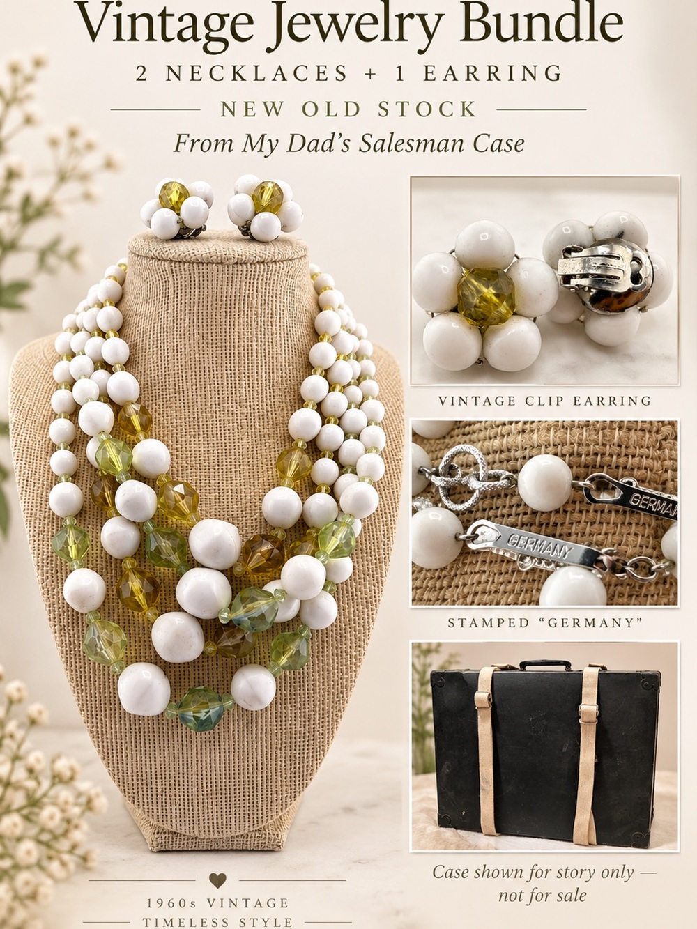 Vintage White and Yellow-Green Beaded Necklace Set - Stamped Germany